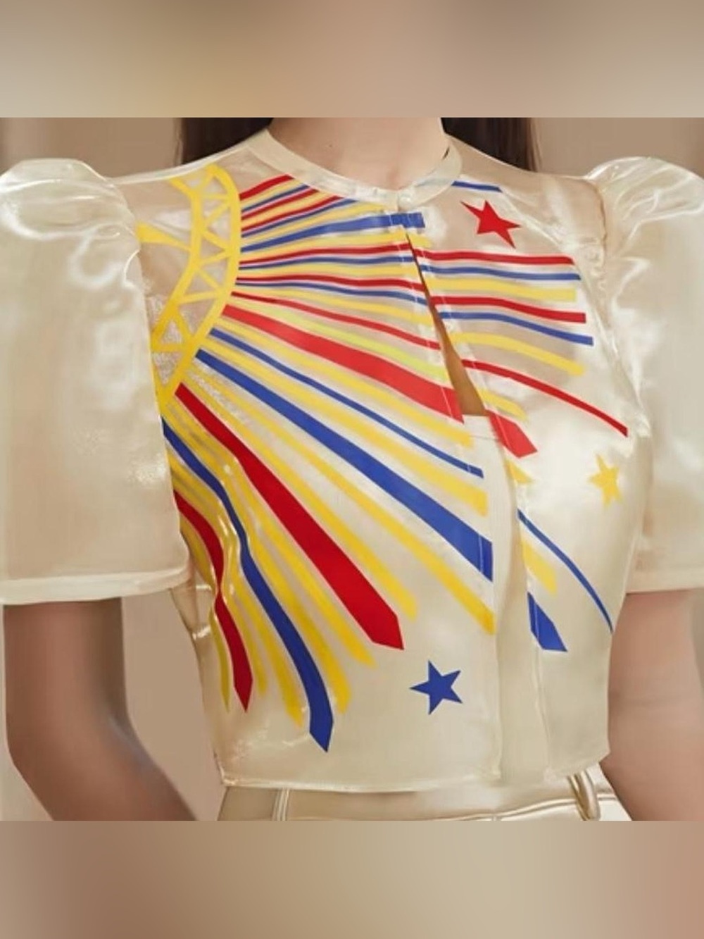 Ivory Satin Crop Top with Red, Blue & Yellow Starburst Print